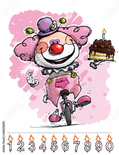 Clown on Unicyle Carrying a Gils's Birthday Cake