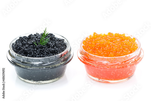 red and black caviar in glass jars isolated on white background