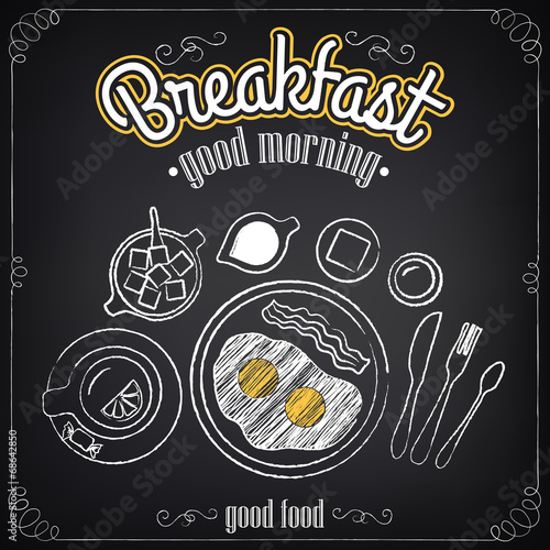 Vintage Poster. Breakfast. Fried eggs, tea. Set of sketches