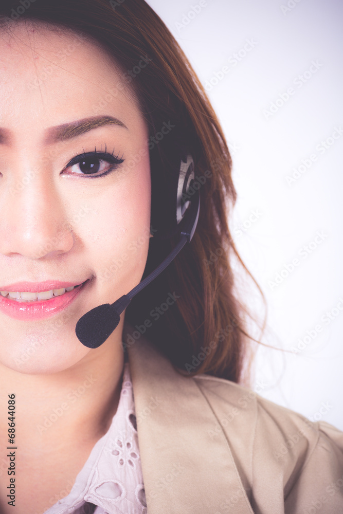 Portrait of happy smiling cheerful support phone operator in hea Portrait of happy smiling cheerful support phone operator in hea