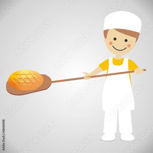 Panadero sacando el pan del horno. Ilustración vectorial