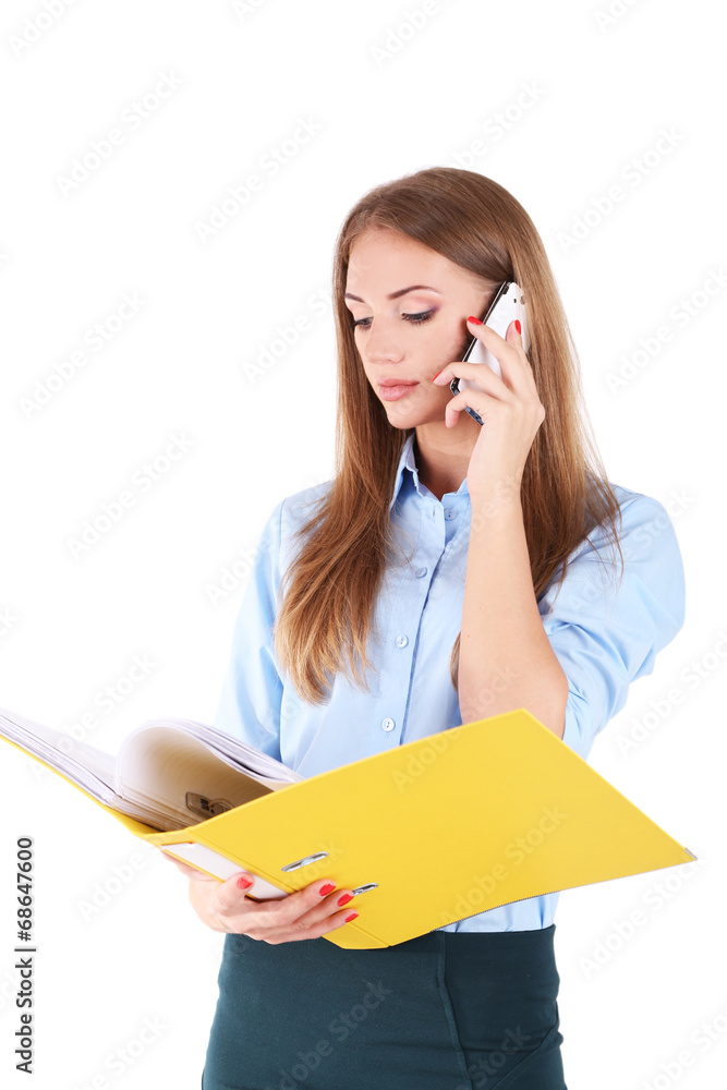 Business woman with mobile phone and folder, isolated on white Business woman with mobile phone and folder, isolated on white