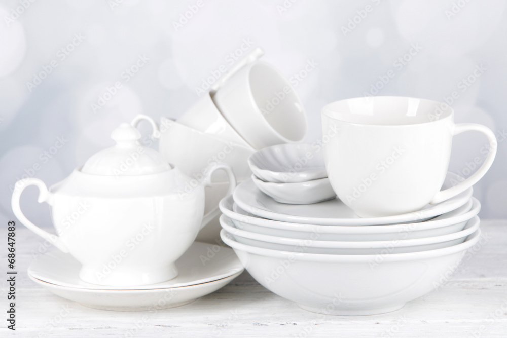 White crockery and kitchen utensils,