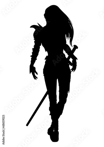 Silhouette knight woman with sword in fantasy armor