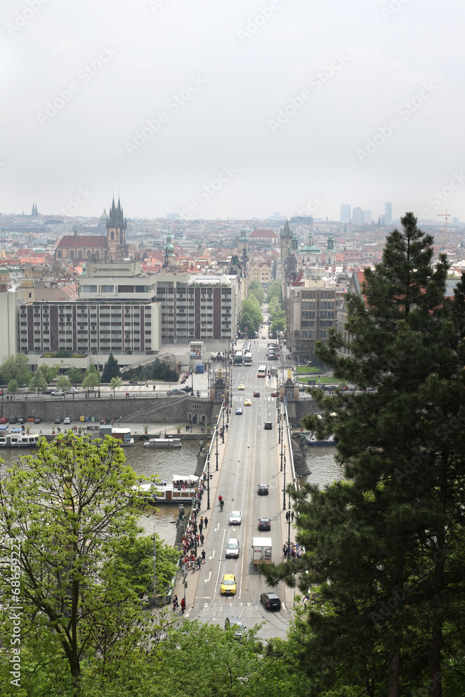 The view of Cechuv bridge from Letenske garden in Prague