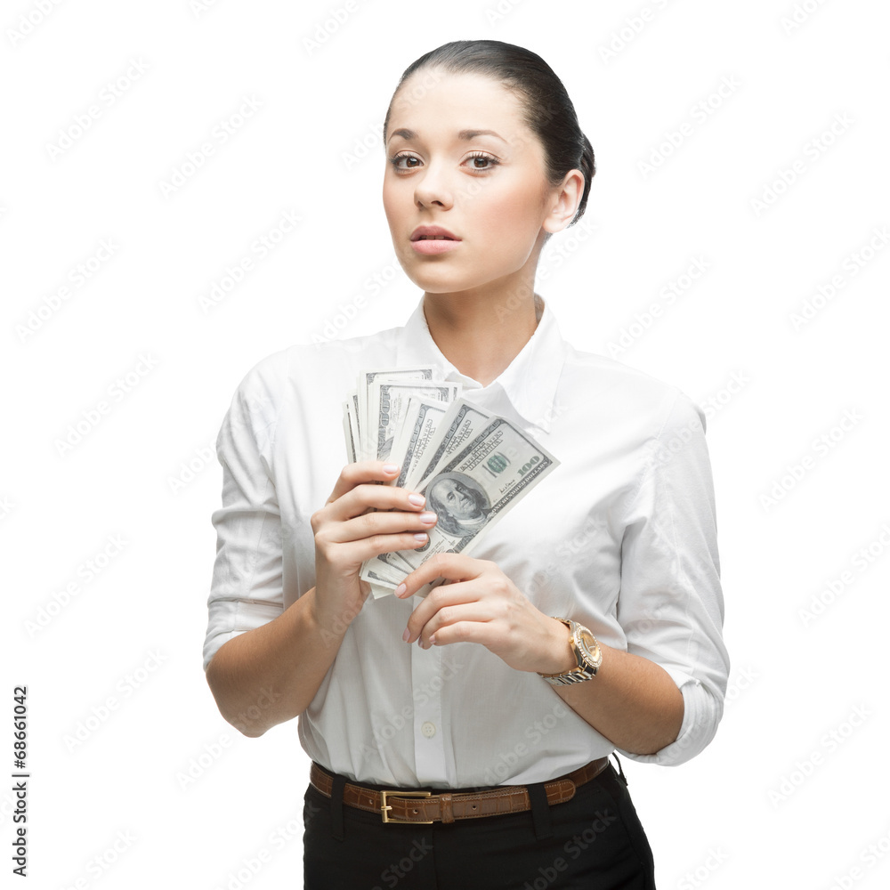 thoughtful businesswoman holding money