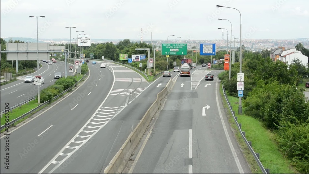 highway - city (Prague) in background highway - city (Prague) in background