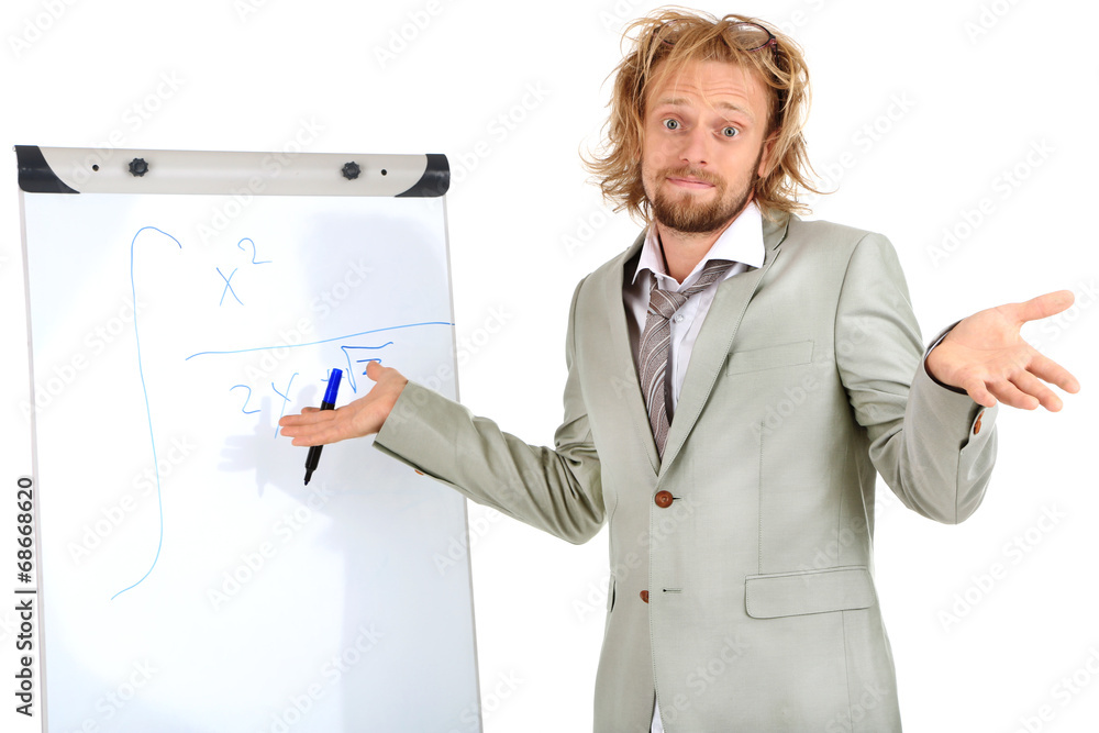 Funny doctor with board isolated on white Funny doctor with board isolated on white