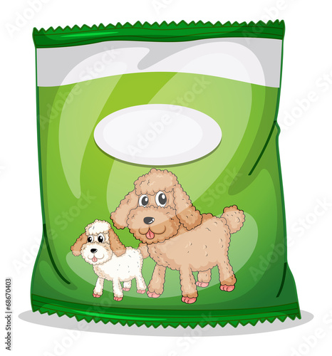 A green dogfood pouch with an empty label