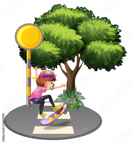 A girl skateboarding at the street