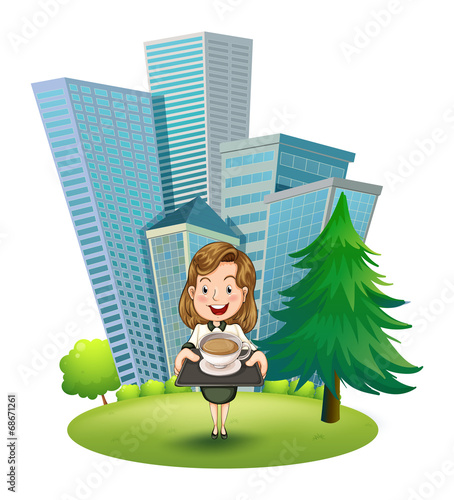 A woman outside the building holding a tray with coffee
