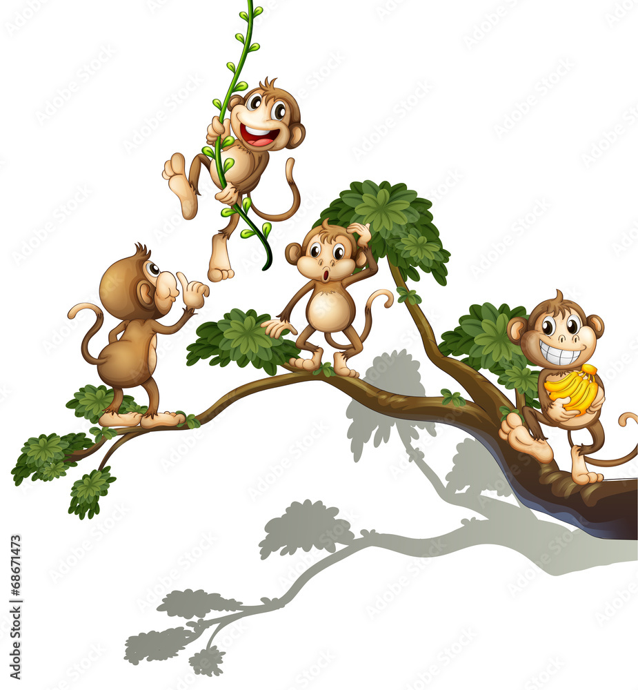 Naklejka premium A tree with four monkeys