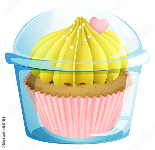 A cupcake inside the transparent container