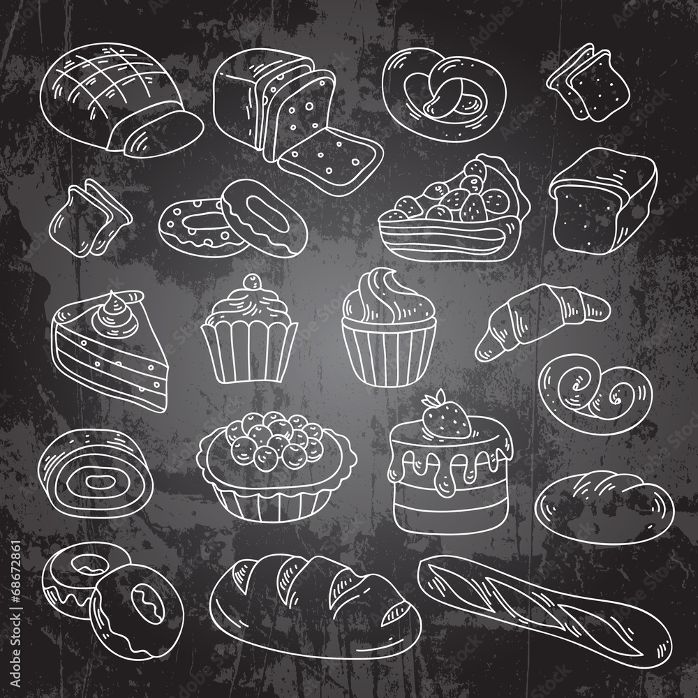 Vector hand drawn bakery cakes, croissant, cupcakes, donut