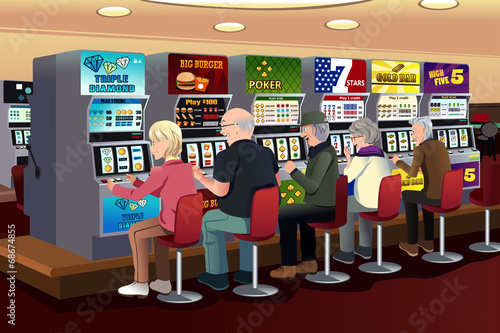 Senior people playing slot machines in the casino