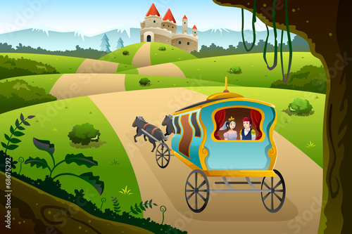 Prince and princess riding a wagon