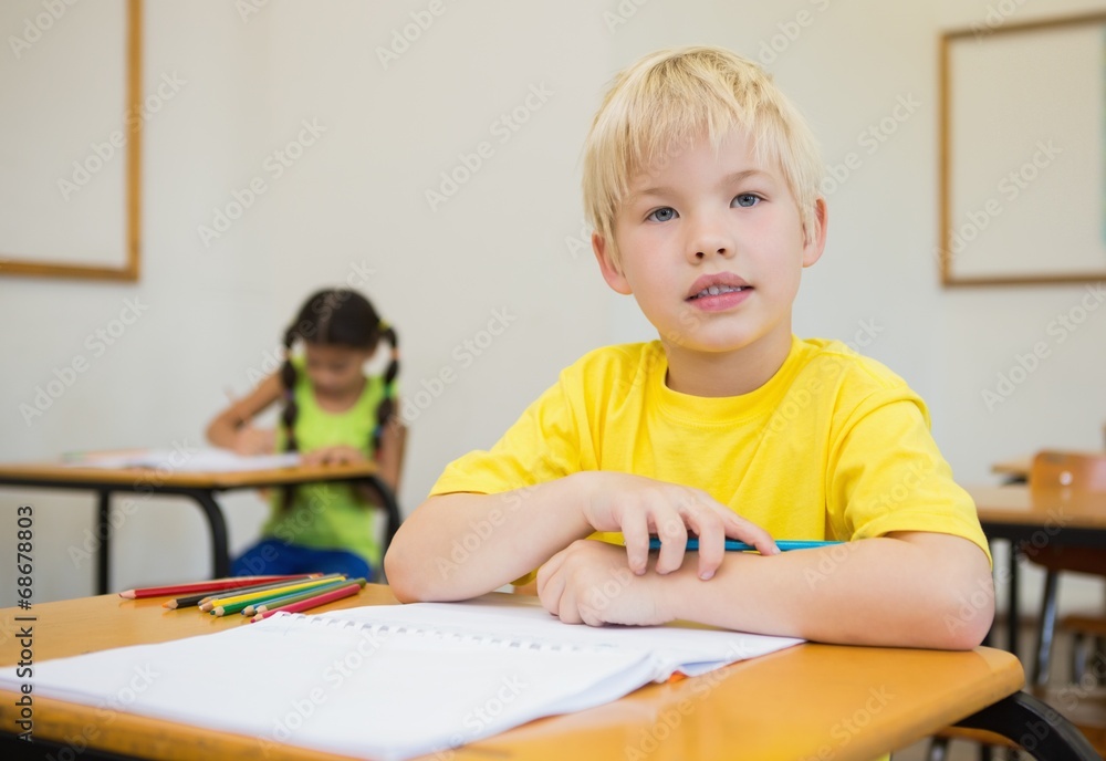 Cute pupils colouring at desks in classroom Cute pupils colouring at desks in classroom