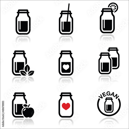Green shake, green smoothie jar icons set