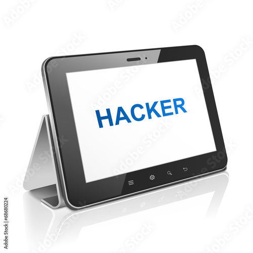 tablet computer with text hacker on display