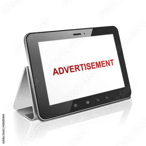 tablet computer with text advertisement on display