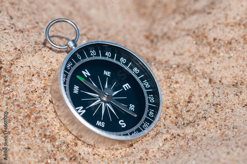 Compass on the sea sand.