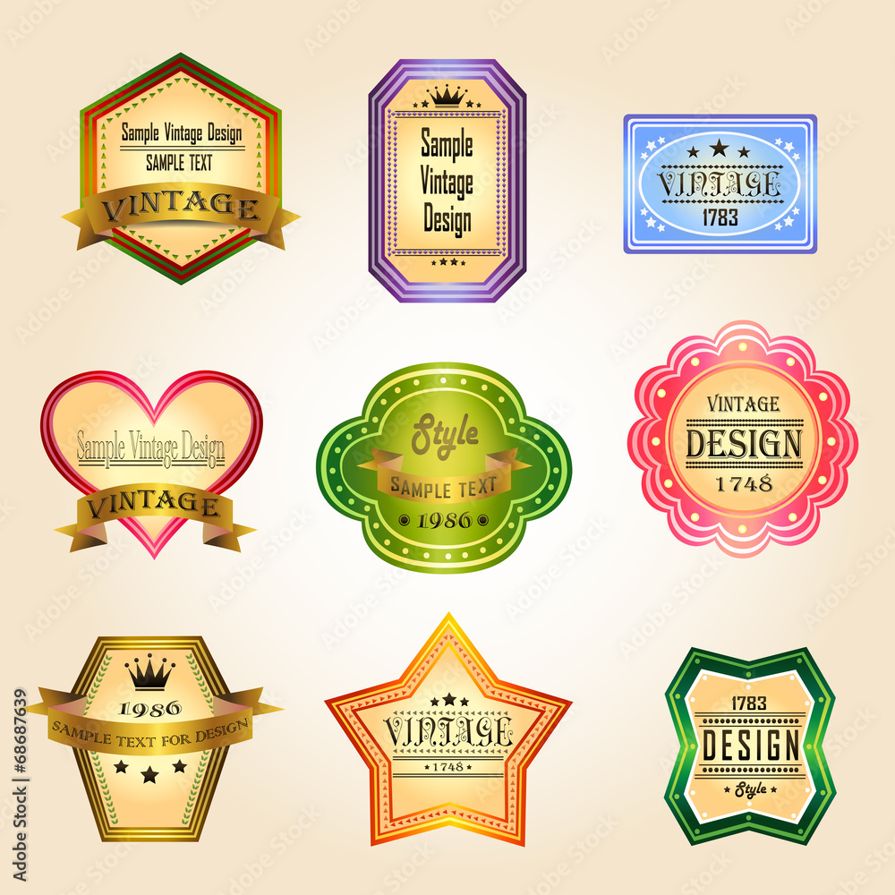 Colorful glossy vintage and retro badges design with sample text