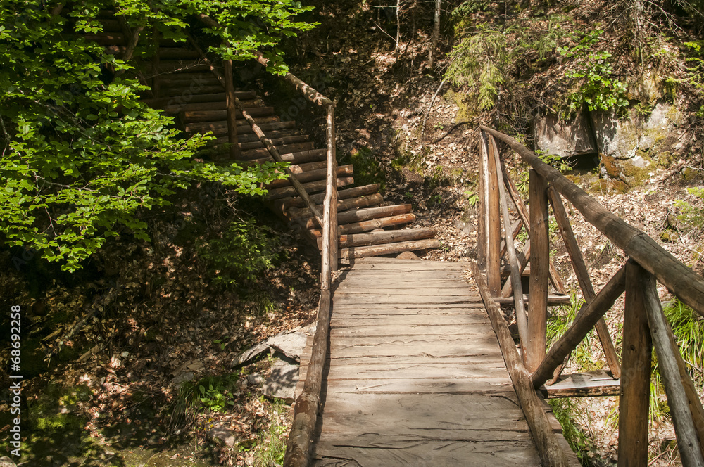 Wooden footbridge and stairs over mountain gully Wooden footbridge and stairs over mountain gully