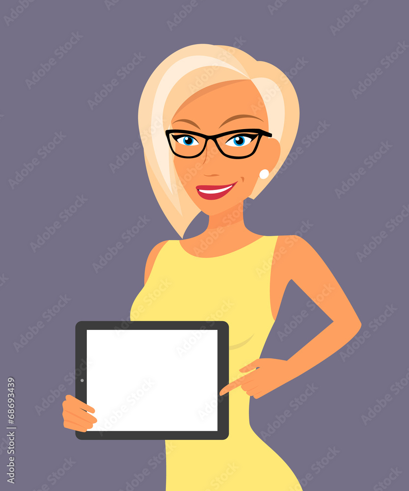 Blonde woman showing something displayed on tablet pc Blonde woman showing something displayed on tablet pc