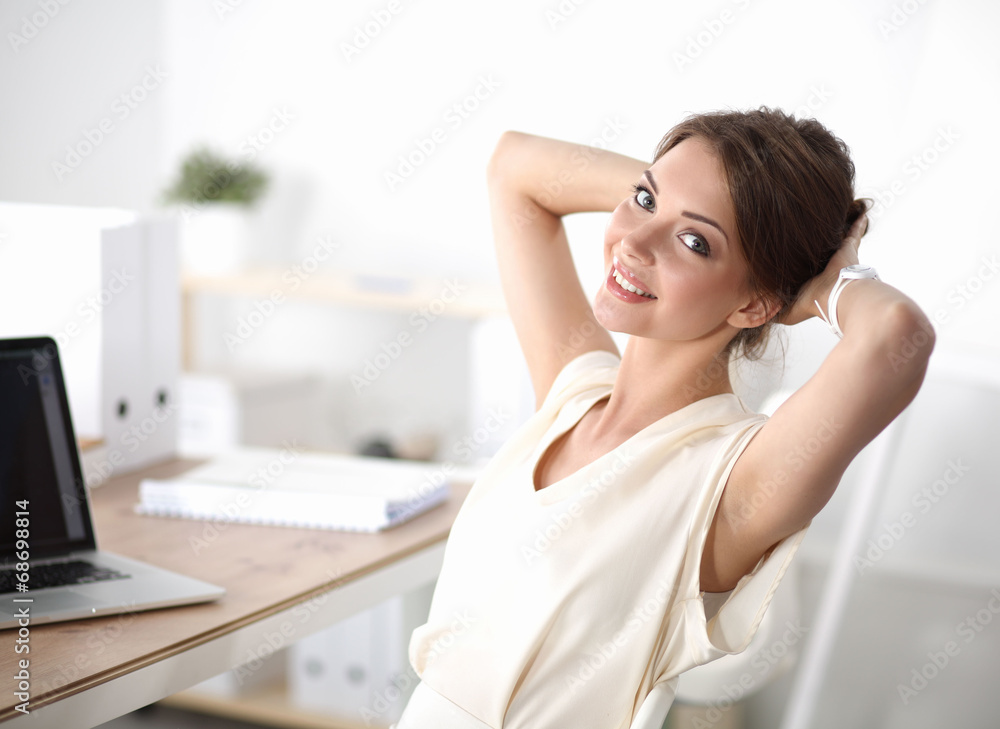 Thinking office worker day dreaming looking up smiling Thinking office worker day dreaming looking up smiling