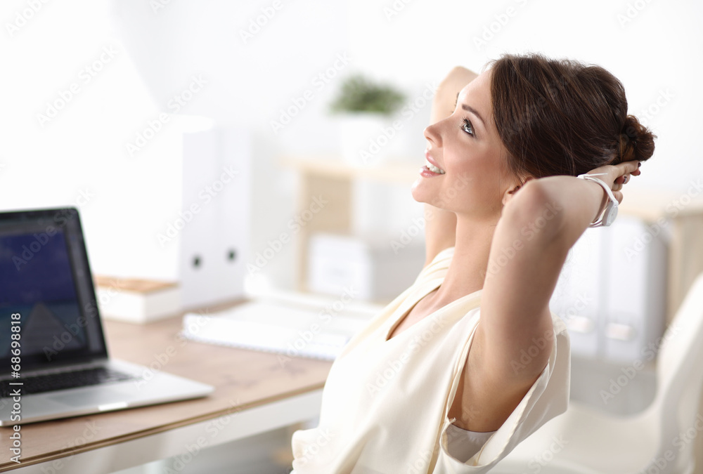 Thinking office worker day dreaming looking up smiling Thinking office worker day dreaming looking up smiling