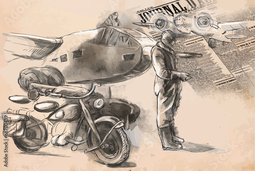 Bild auf Leinwand At the airport - a soldier on a motorcycle between aircraft. Vec