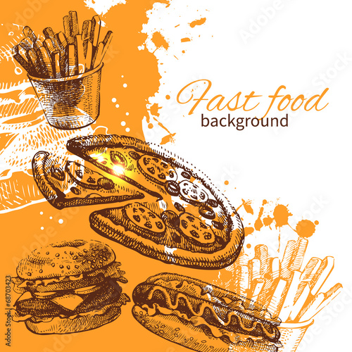 Vintage fast food background. Hand drawn illustration