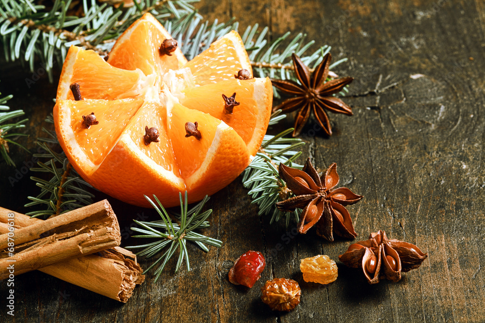 Festive Christmas background with a fresh orange
