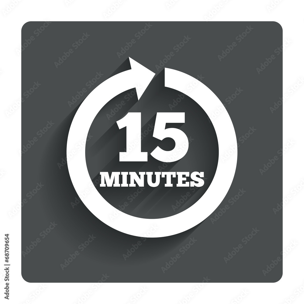 Every 15 minutes sign icon. Full rotation arrow. Every 15 minutes sign icon. Full rotation arrow.