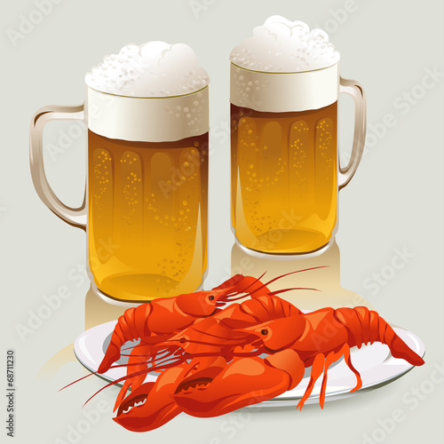 beer mugs and a plate of crayfish