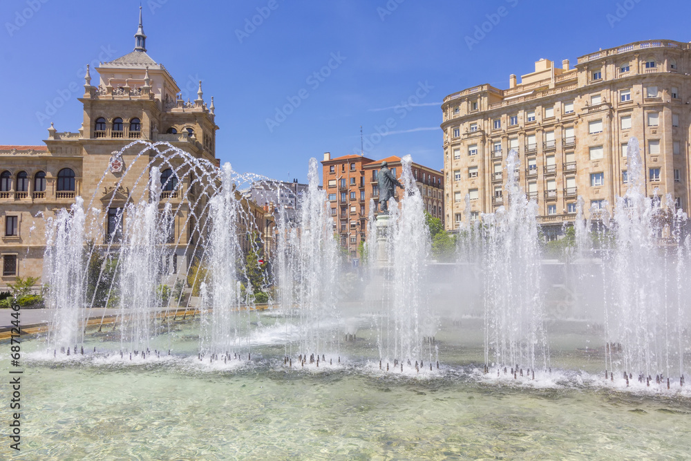 Modern fountain in the square Zorrilla in Valladolid, Spain