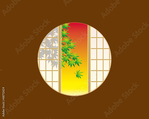 障子と楓と夕焼け
