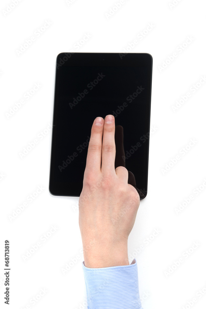 woman fingers over modern digital frame with blank screen. woman fingers over modern digital frame with blank screen.