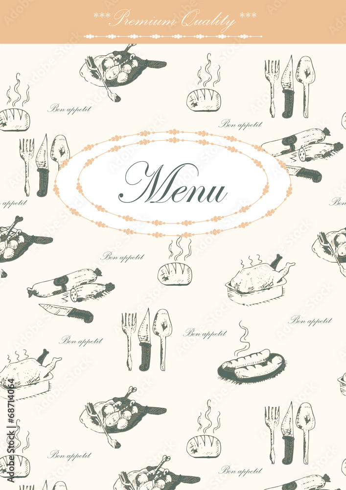 Menu with hand-drawn food pattern