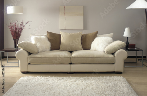 cream sofa in modern living room with rug photo