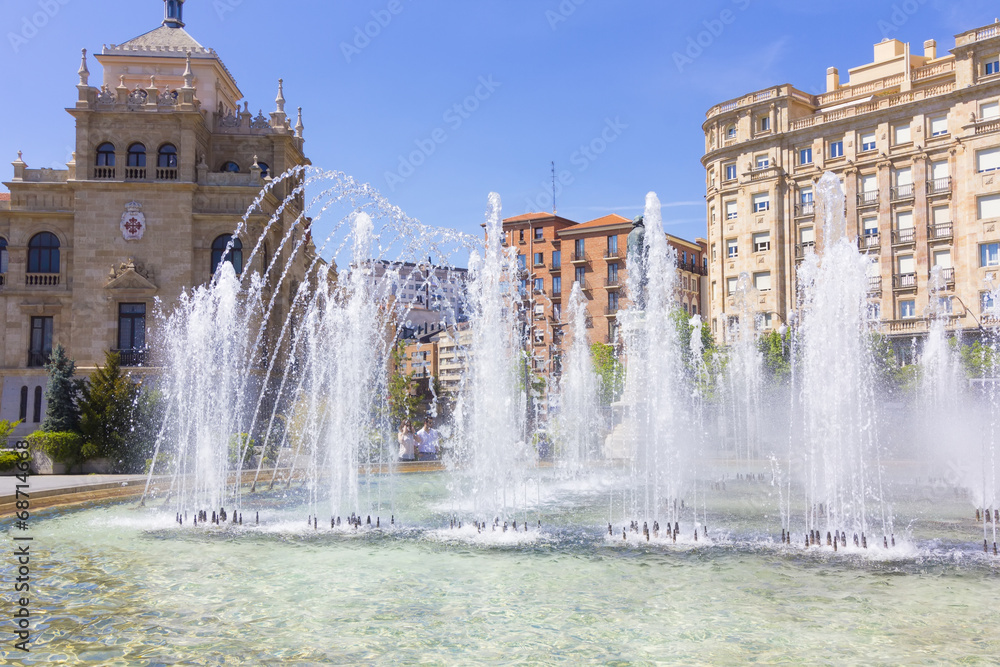 Modern fountain in the square Zorrilla in Valladolid, Spain