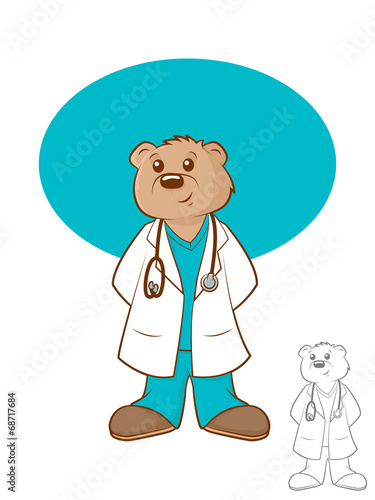 Illustration of a brown bear wearing a lab coat and scrubs