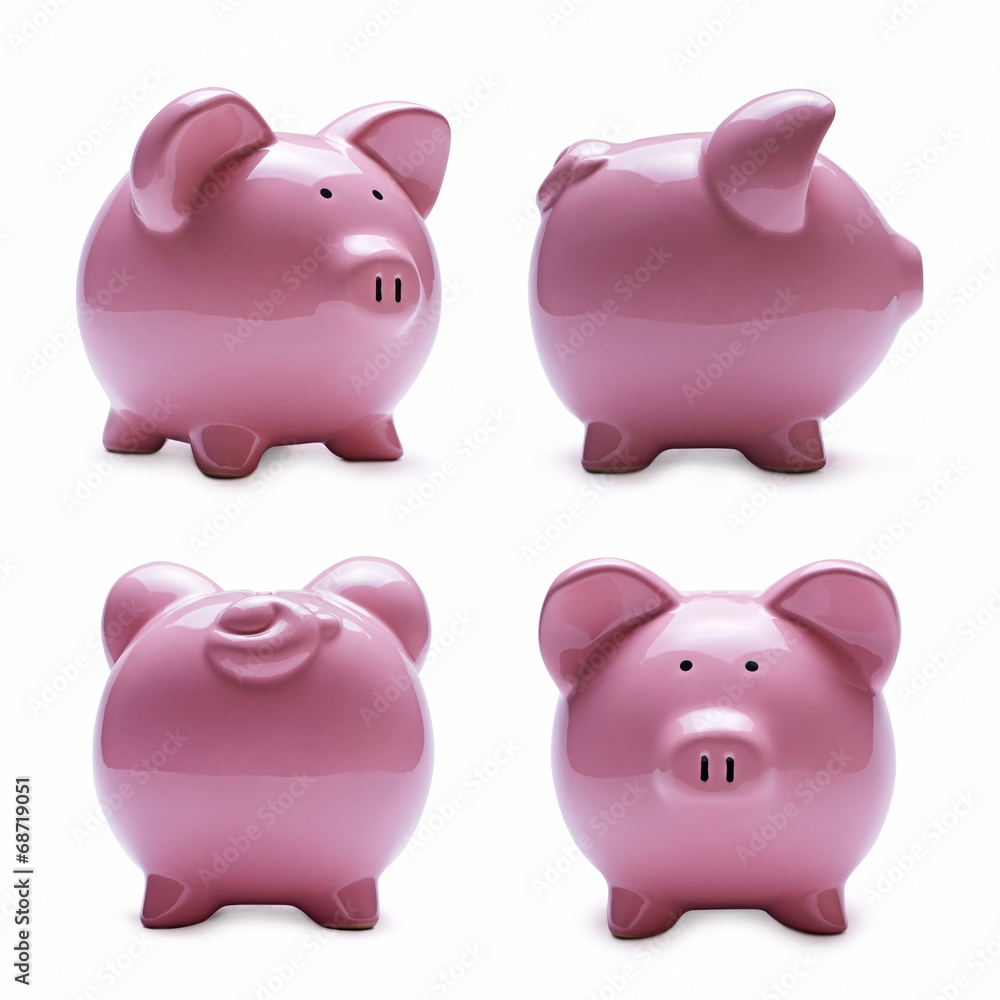 Porcelain piggy banks in four different positions