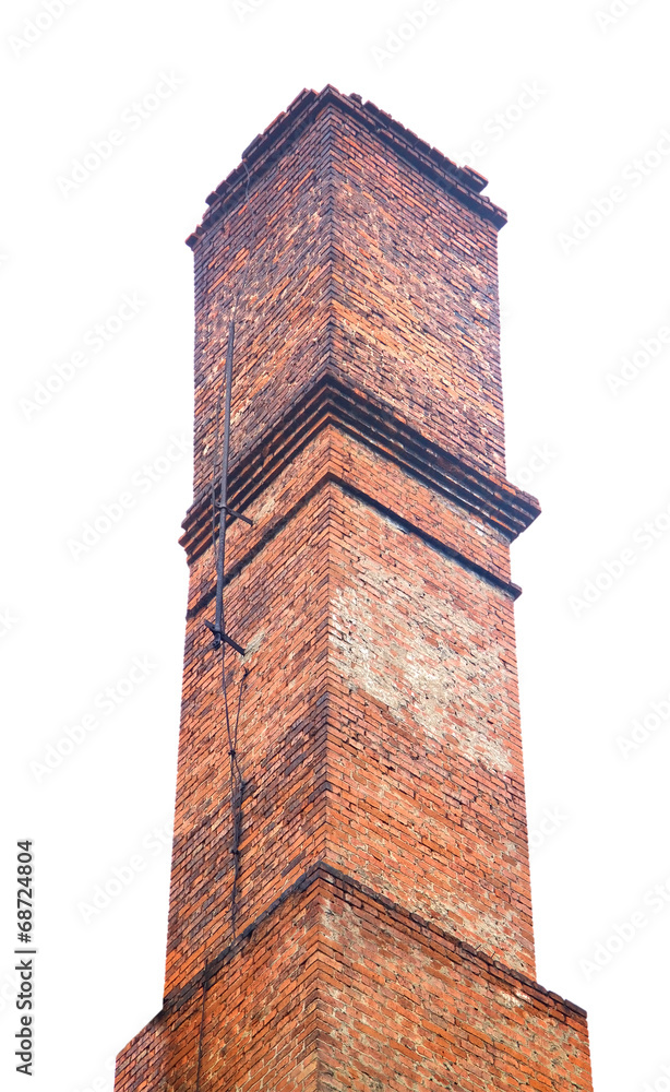 Old brick industrial chimney isolated on white