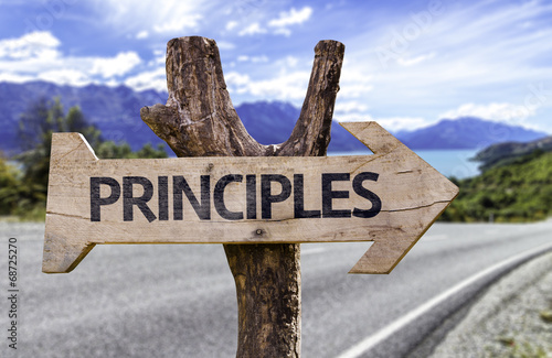 Principles wooden sign with a highway on background photo