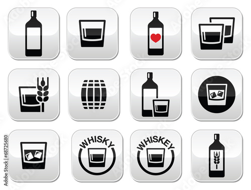 Whisky or Whiskey alcohol buttons set