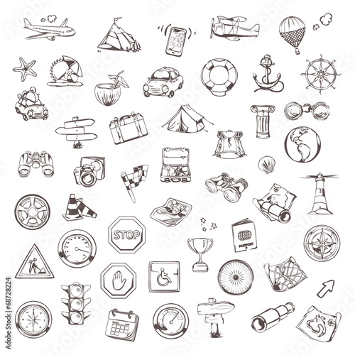 Travel and navigation, sketches of icons vector set