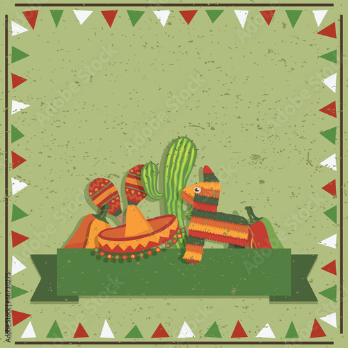 mexican frame vector decoration green ribbon with copy space sombrero cactus pinata chili clipart