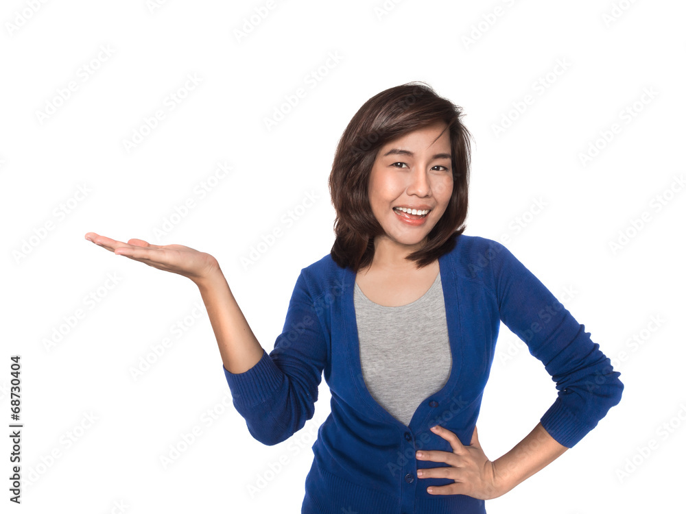 woman showing open hand palm with copy space for product or text woman showing open hand palm with copy space for product or text
