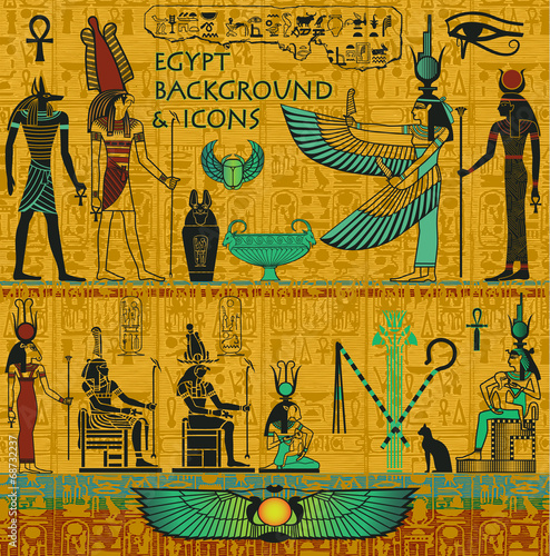 Set of Ancient Egyptian Deities, with Gold Egyptian Background